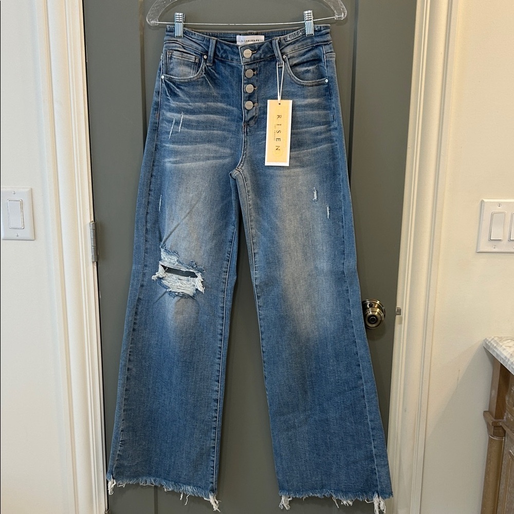 Risen Women's High Rise Blue Distressed Jeans - Picture 5 of 7